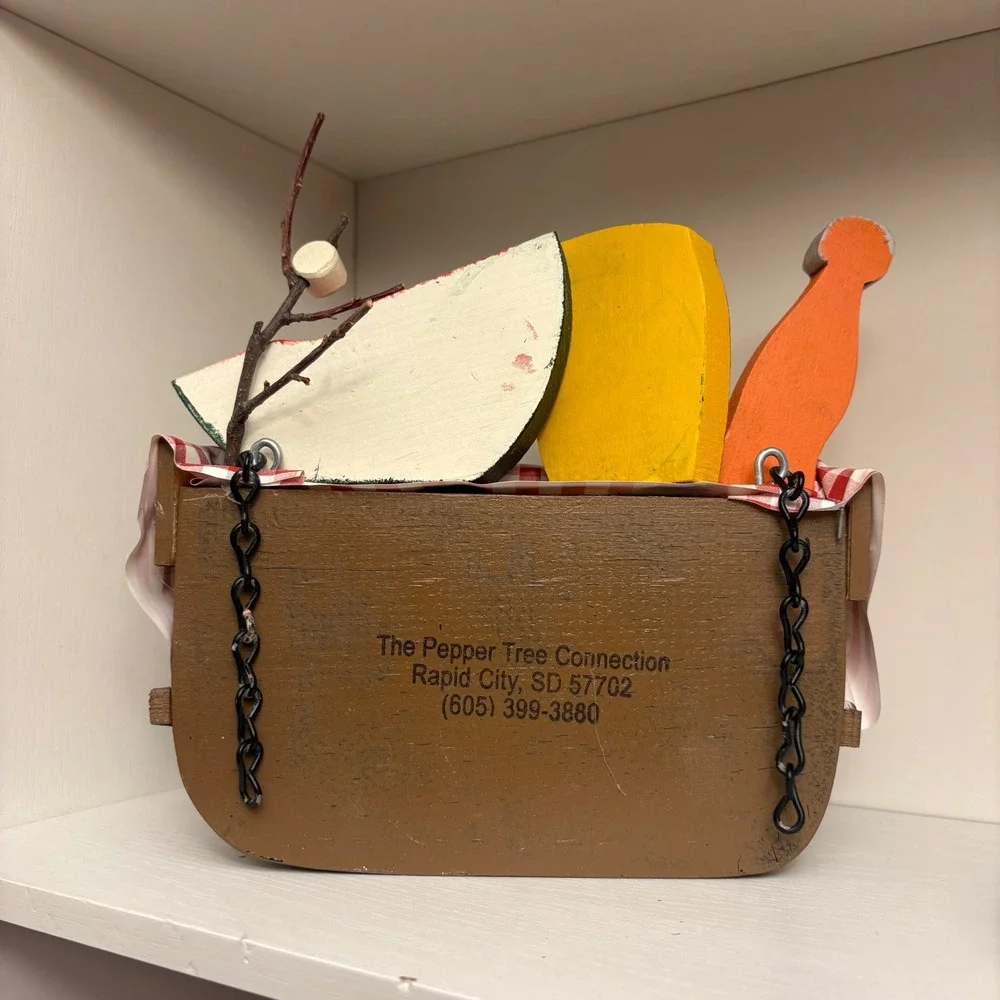 The Pepper Tree Connection Wooden Picnic Basket Folk Art Decor Summer Display